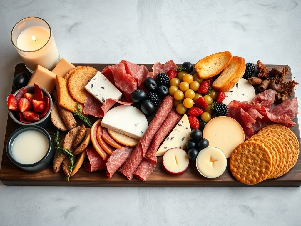 A wooden charcuterie board filled with meats, cheeses, fruits, and crackers, surrounded by a festive party setting.