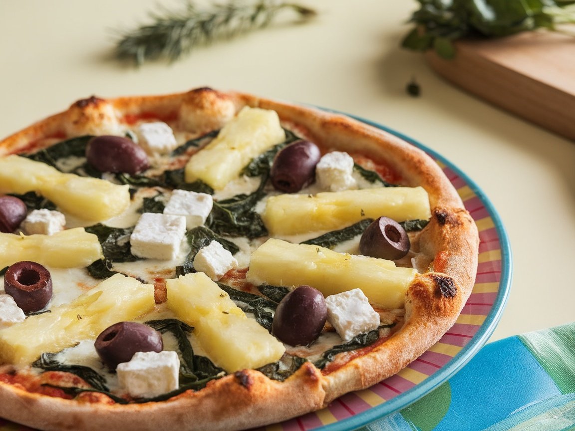 A colorful Mediterranean pizza topped with pineapple, spinach, feta cheese, and olives on a vibrant plate.