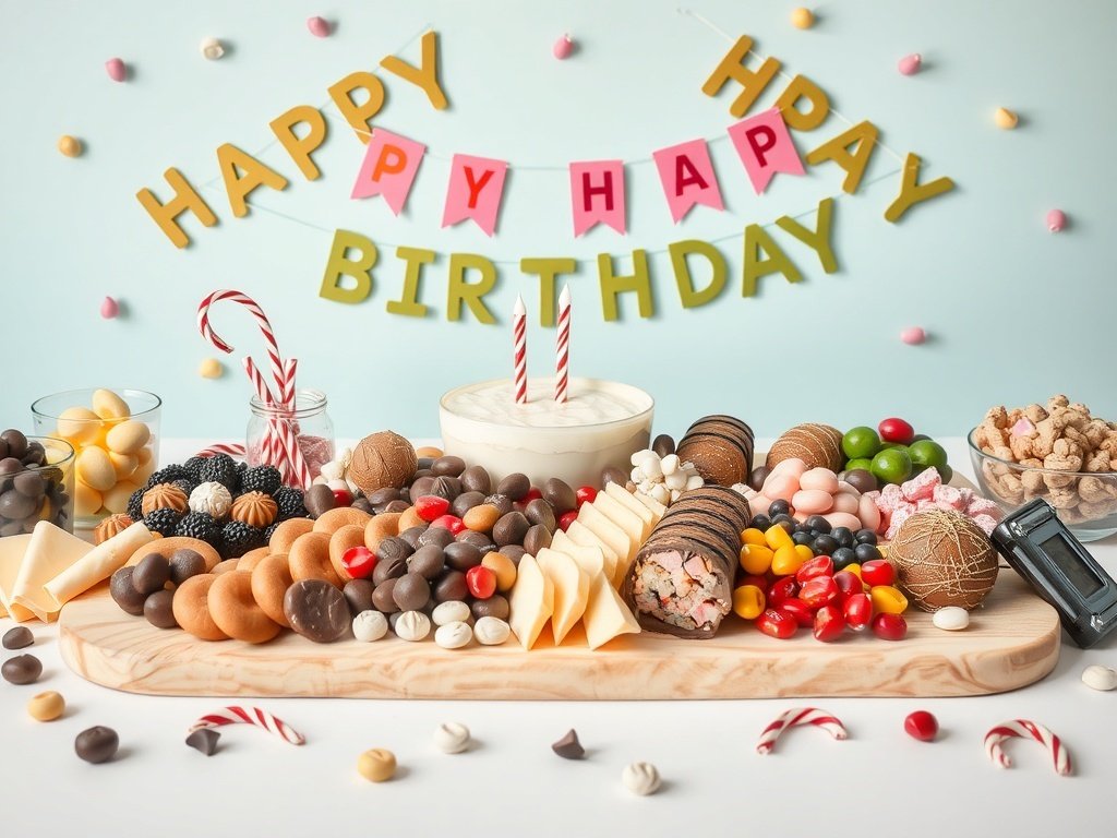 A beautifully arranged sweet charcuterie board with various candies and treats, surrounded by festive decorations.
