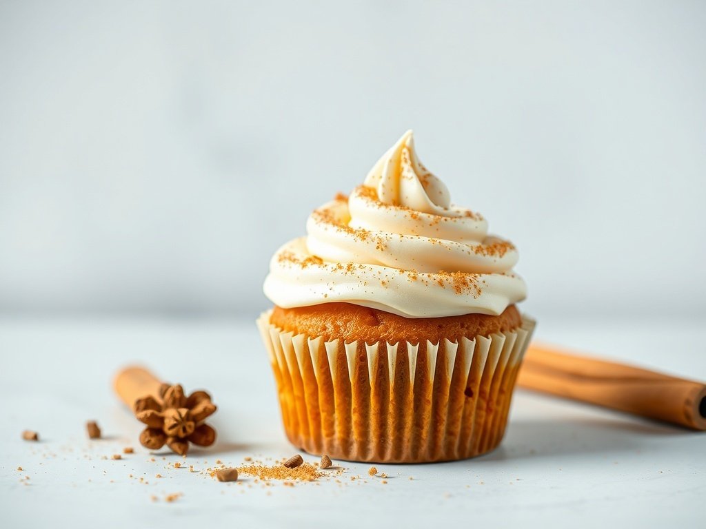 A delicious pumpkin spice cupcake topped with cream cheese frosting and a sprinkle of cinnamon.