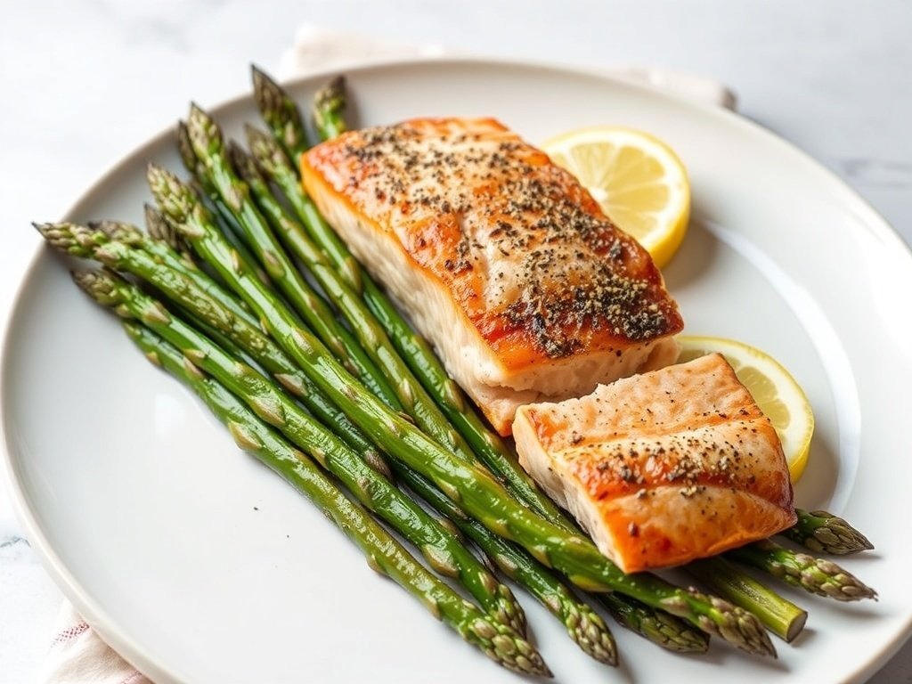 Baked salmon fillet with asparagus and lemon slices on a plate