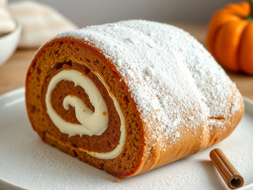 A delicious cinnamon pumpkin roll dusted with powdered sugar.