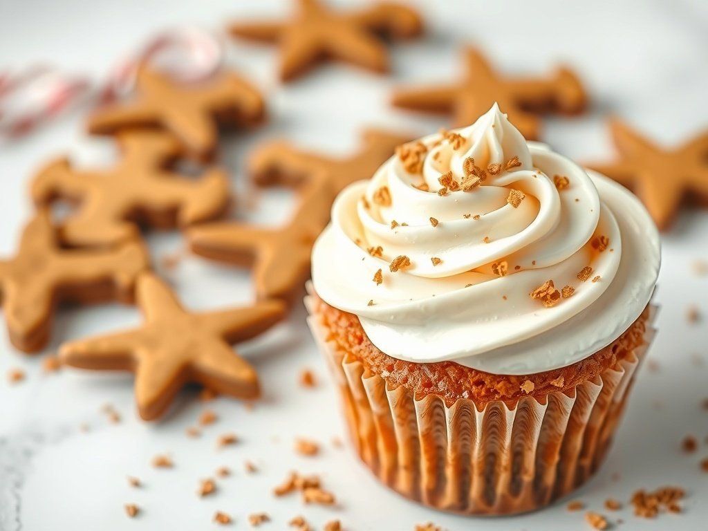 Delicious gingerbread spice cupcake topped with cream cheese frosting and crushed gingerbread cookies