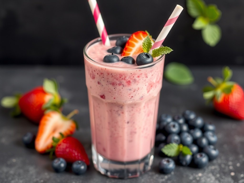 Berry Blast Smoothie with Greek Yogurt topped with fresh strawberries and blueberries