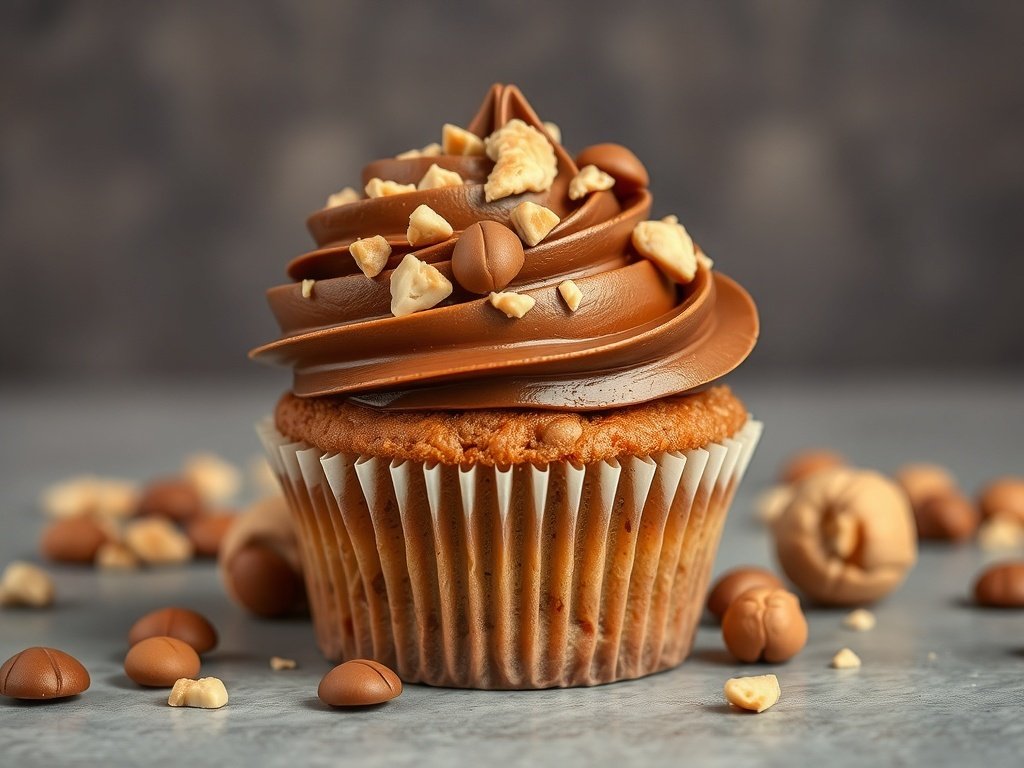 A delicious Hazelnut Mocha Dream cupcake topped with chocolate frosting and hazelnut pieces.