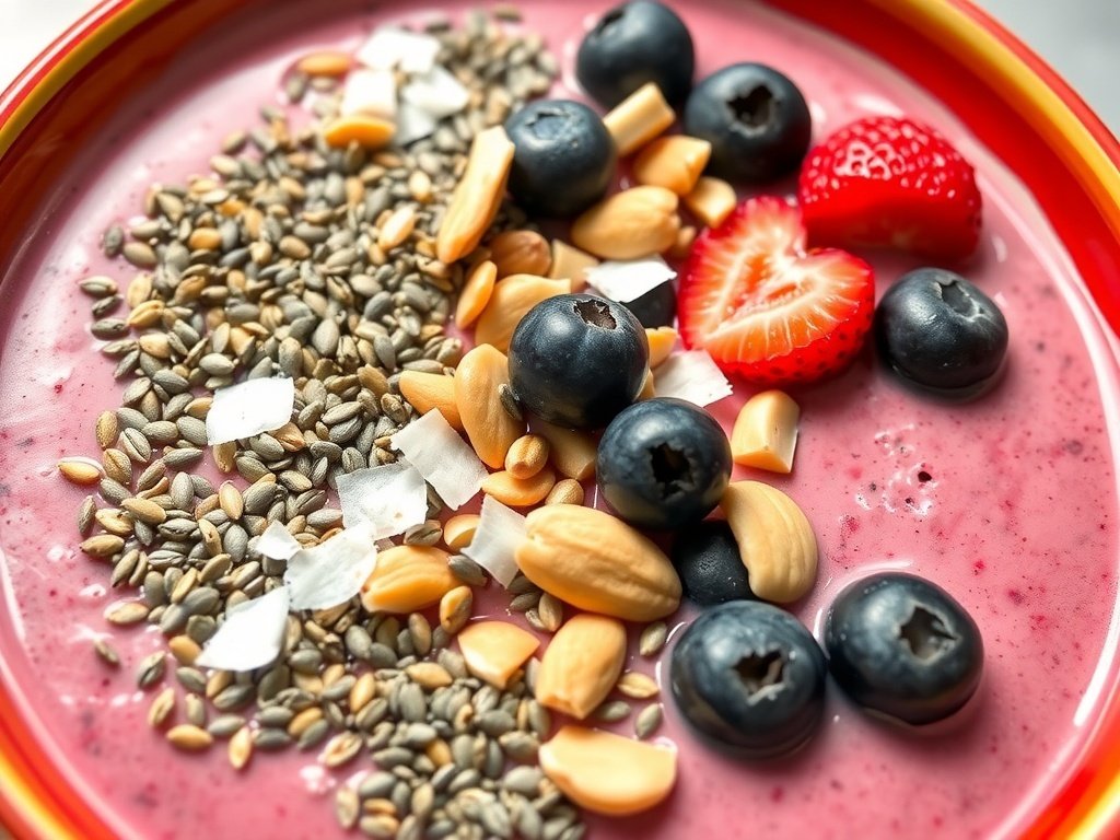 Chia seed and berry smoothie bowl topped with nuts and fruits