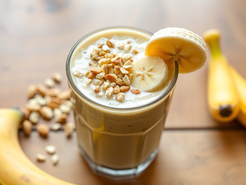 A delicious Nutty Banana Oat Smoothie topped with nuts, served in a glass.