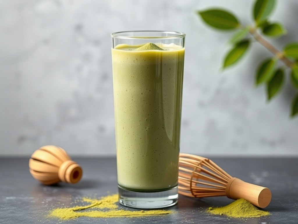 A refreshing matcha green tea smoothie in a glass, surrounded by matcha powder and a bamboo whisk.