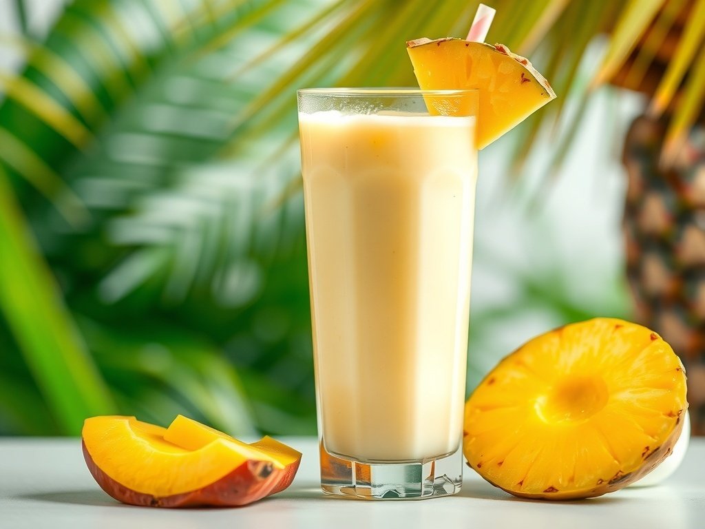 A refreshing mango pineapple smoothie in a glass with a straw, surrounded by fresh fruits.