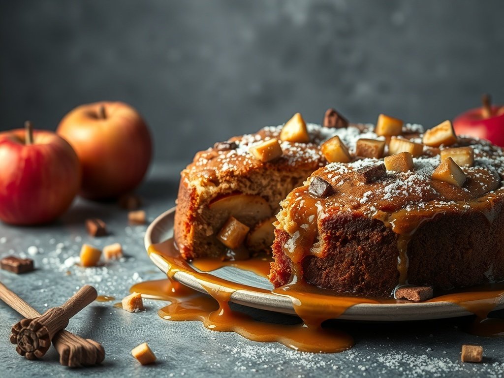 A delicious toffee apple cake topped with caramel and toffee bits, surrounded by fresh apples and cinnamon sticks.