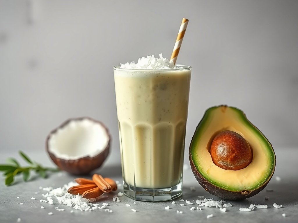 A refreshing avocado coconut smoothie in a glass with a straw, surrounded by fresh ingredients.