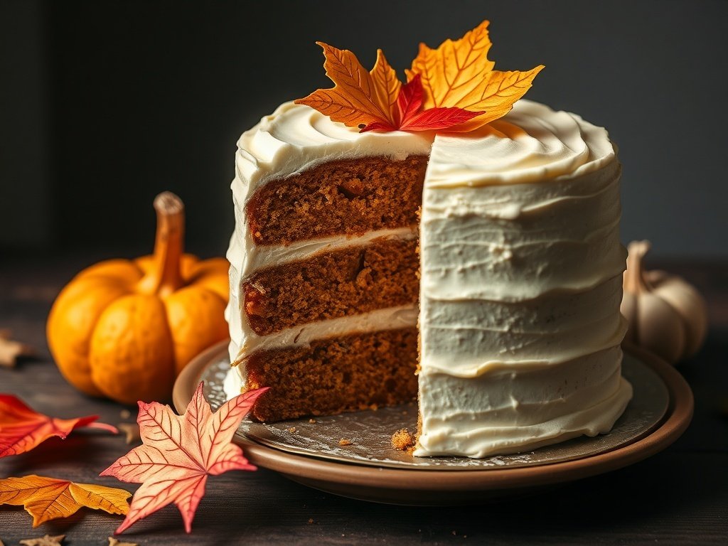A delicious pumpkin spice layer cake with autumn leaves and pumpkins around it.