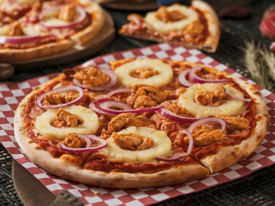 BBQ chicken and pineapple pizza on a red and white checkered tablecloth