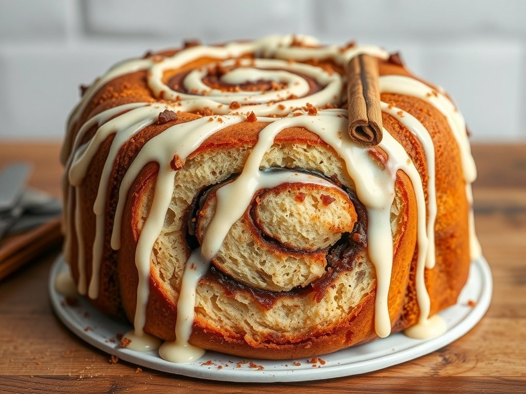 A delicious cinnamon roll cake topped with icing and a cinnamon stick.