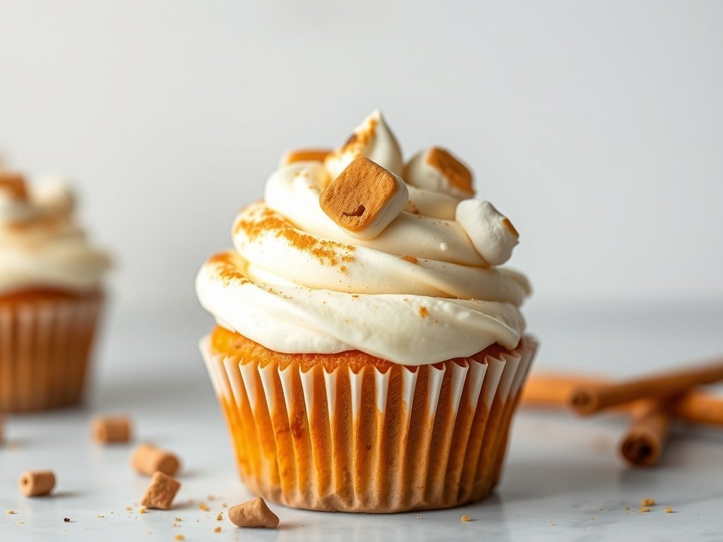 Sweet potato cupcakes topped with marshmallow frosting and caramel bits