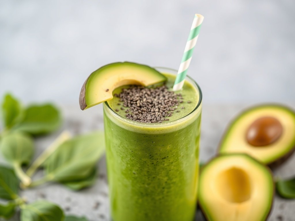 A green smoothie with spinach and avocado, topped with chia seeds and a slice of avocado.