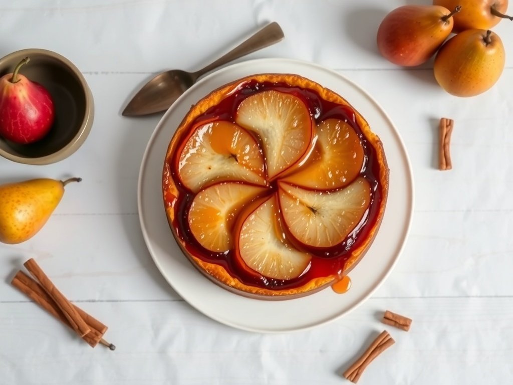 A beautifully arranged spiced pear upside-down cake with caramelized pears on top, surrounded by fresh pears and cinnamon sticks.