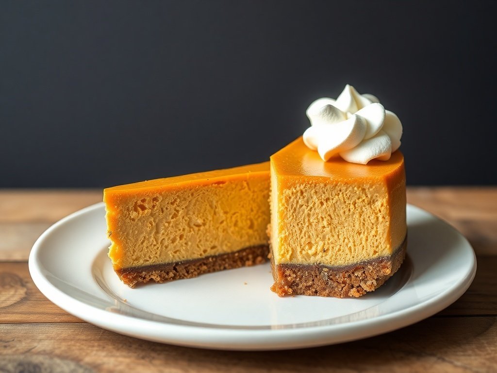 A slice of pumpkin cheesecake on a white plate with a dollop of whipped cream on top.