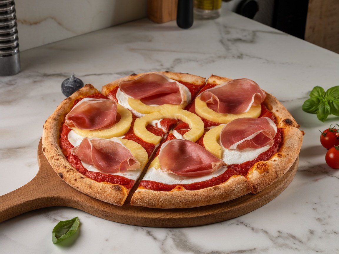 A delicious pizza topped with pineapple, prosciutto, and fresh basil on a marble surface.