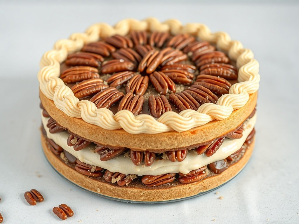 A beautifully decorated Pecan Pie Cake topped with pecans and cream frosting.