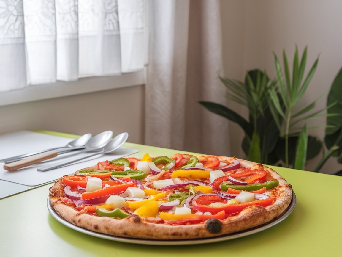 Veggie Supreme pizza topped with pineapple, bell peppers, red onions, and black olives on a yellow table.