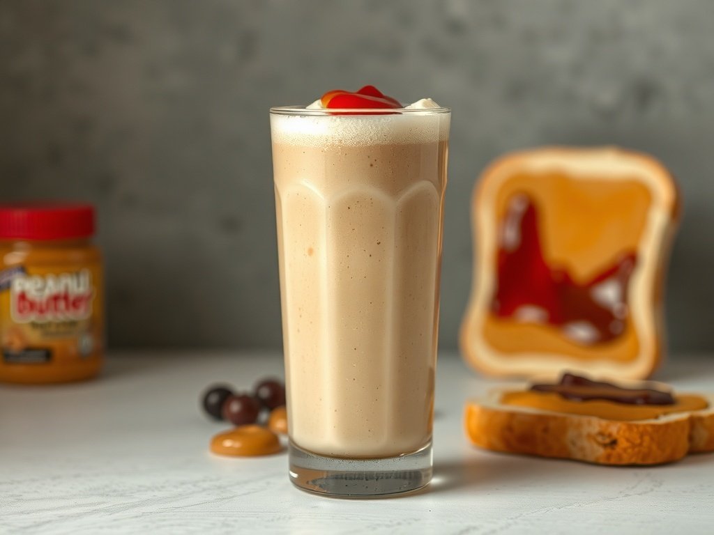 A delicious peanut butter and jelly smoothie in a glass, with peanut butter and jelly in the background.