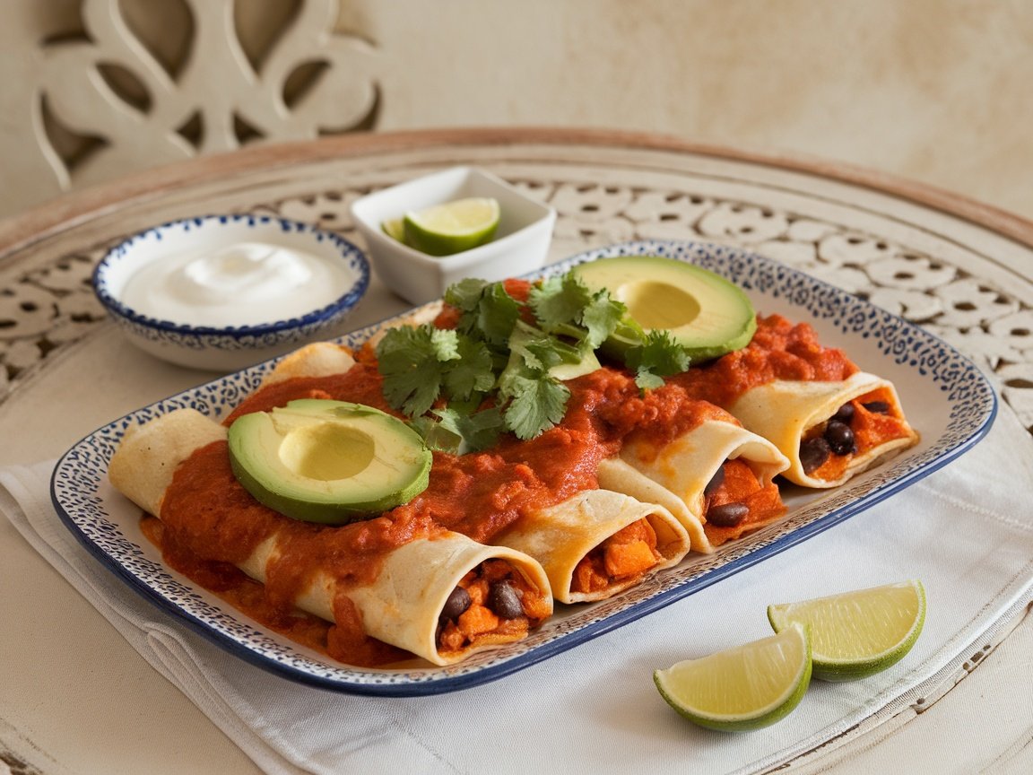 A plate of sweet potato and black bean enchiladas garnished with avocado and cilantro.