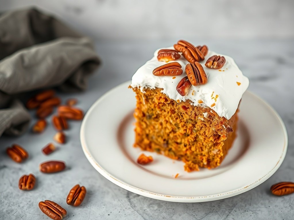 A slice of sweet potato cake topped with marshmallow frosting and pecans on a plate.