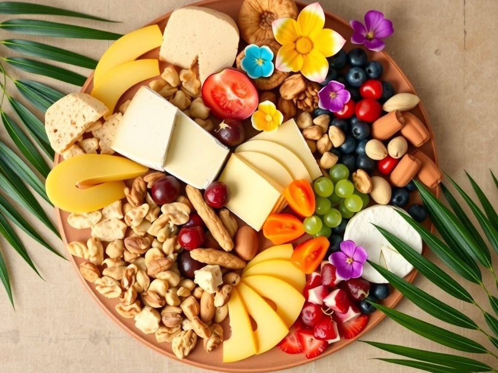 A vibrant tropical-themed charcuterie board featuring cheeses, fruits, nuts, and edible flowers, surrounded by festive party decorations.