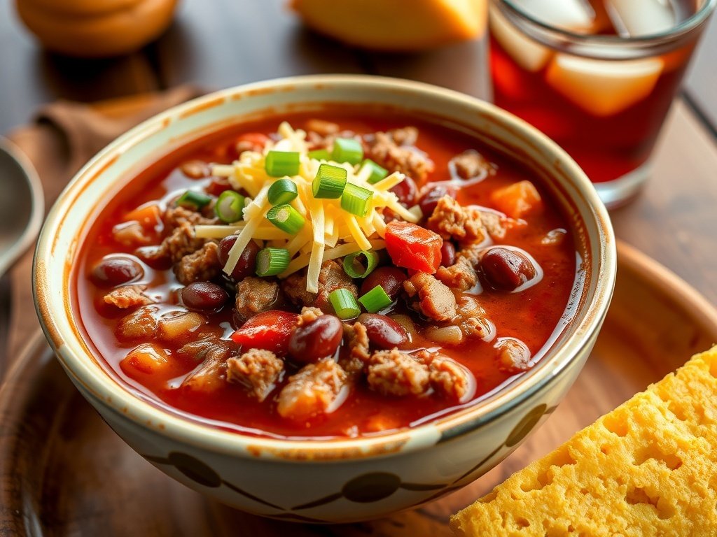 A hearty bowl of spicy beef chili with beans and tomatoes, topped with cheese and green onions, on a rustic table with cornbread.
