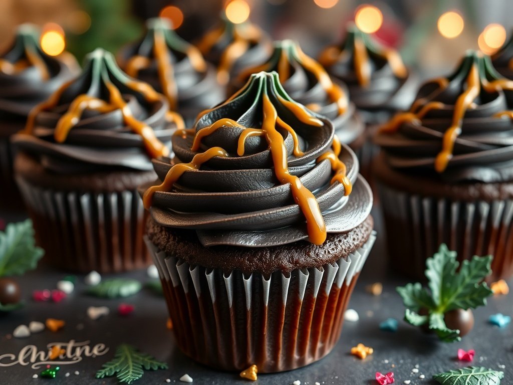 Chocolate mint cupcakes topped with gold drizzle