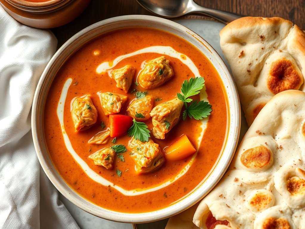 A bowl of Indian Chicken Masala Soup with cream swirl and naan bread on the side.