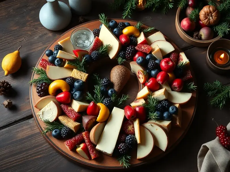 A circular charcuterie board arranged like a wreath, featuring various cheeses, fruits, meats, and herbs.