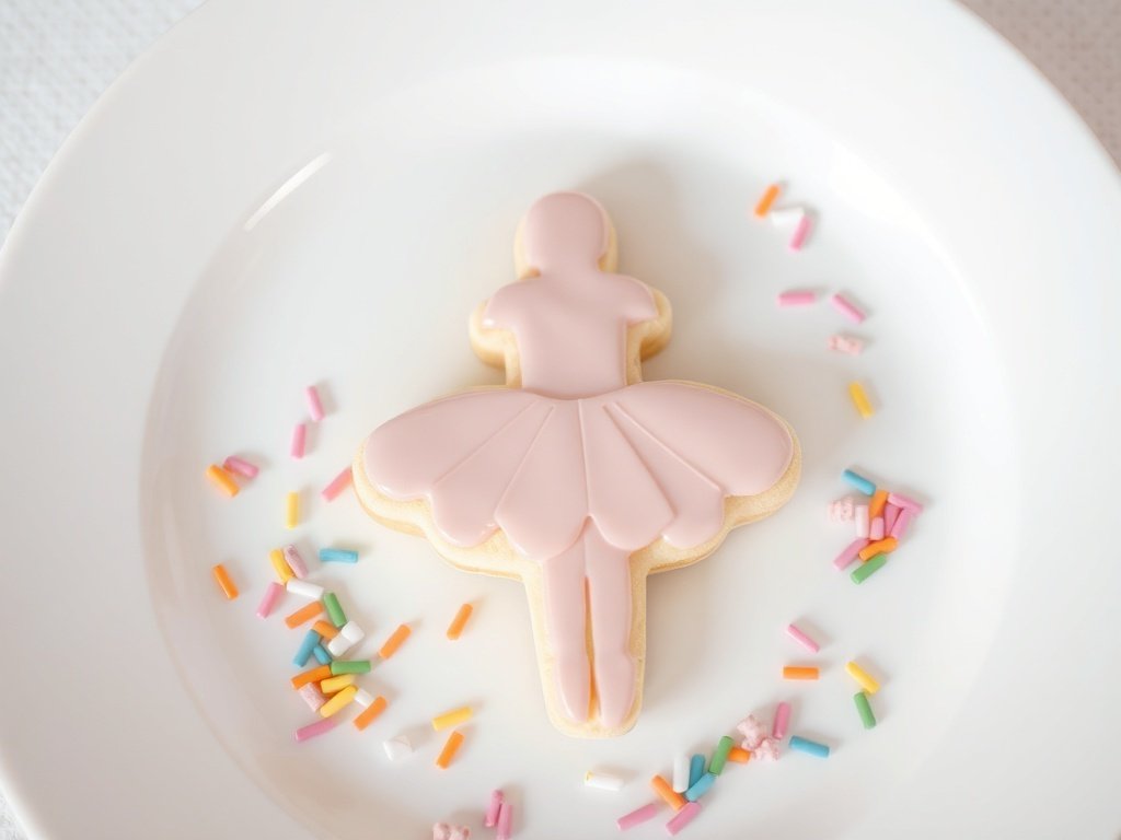 A pale pink ballerina cookie on a white plate surrounded by colorful sprinkles.