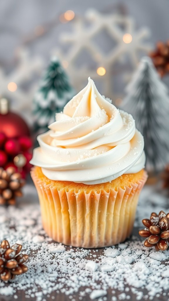 A beautifully decorated vanilla cupcake topped with white frosting, surrounded by festive holiday decorations.