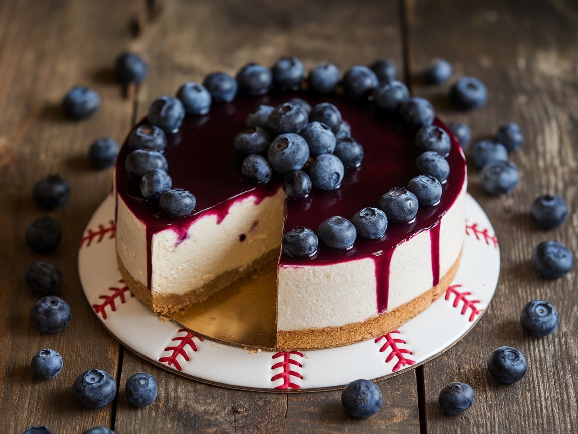 Blueberry cheesecake on a cake dish, topped with blueberry sauce and fresh blueberries.
