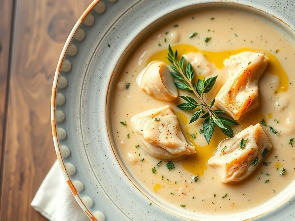 A bowl of creamy French Chicken Velouté garnished with herbs and olive oil.