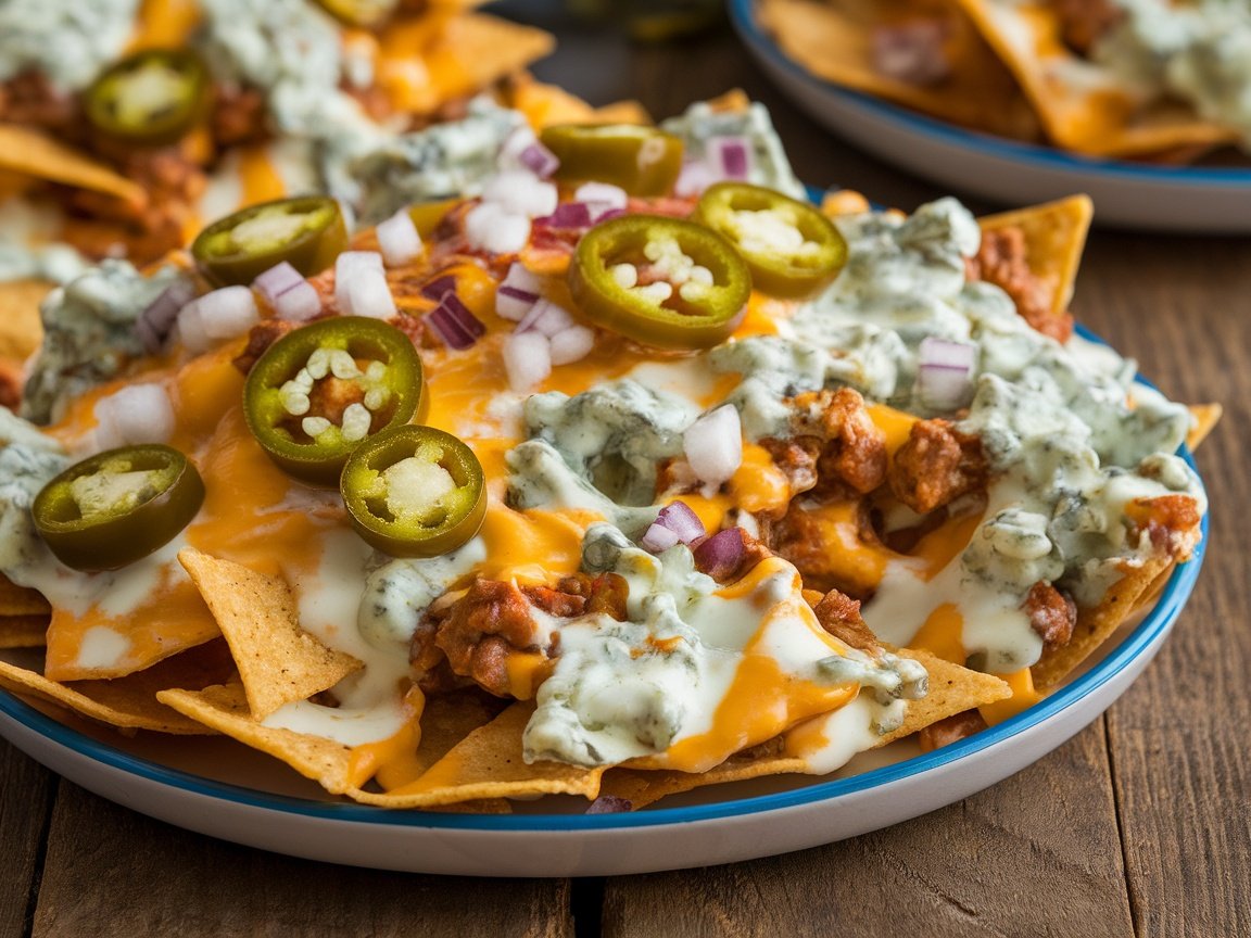 A colorful plate of blue and white nachos with blue cheese sauce, white cheddar, jalapeños, and onions on a rustic table.
