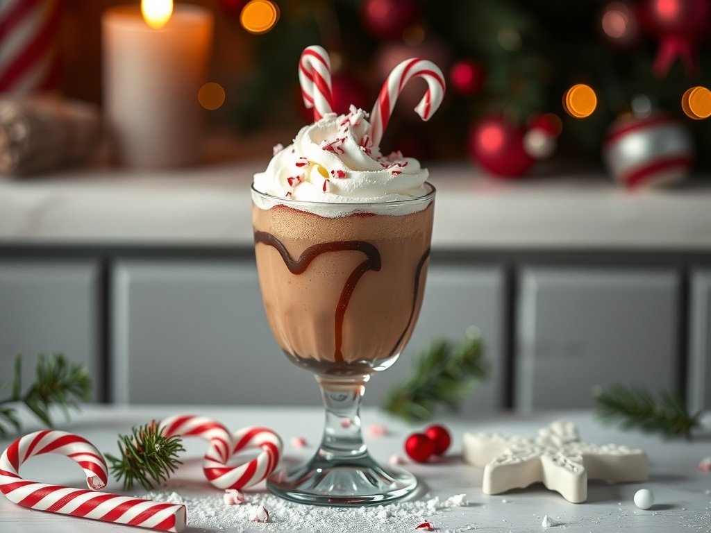 A festive Peppermint Mocha Fizz topped with whipped cream and candy canes.