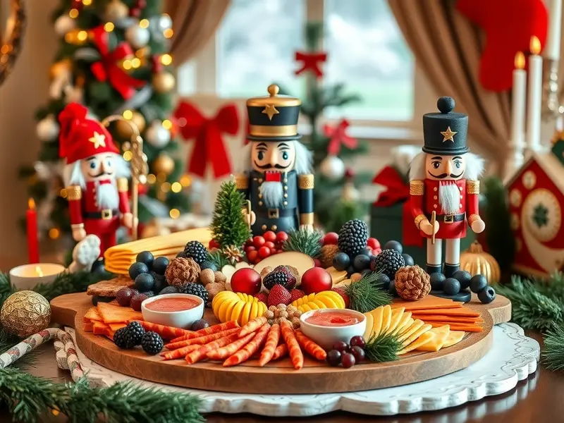 A festive Nutcracker inspired charcuterie board with various snacks and decorations.