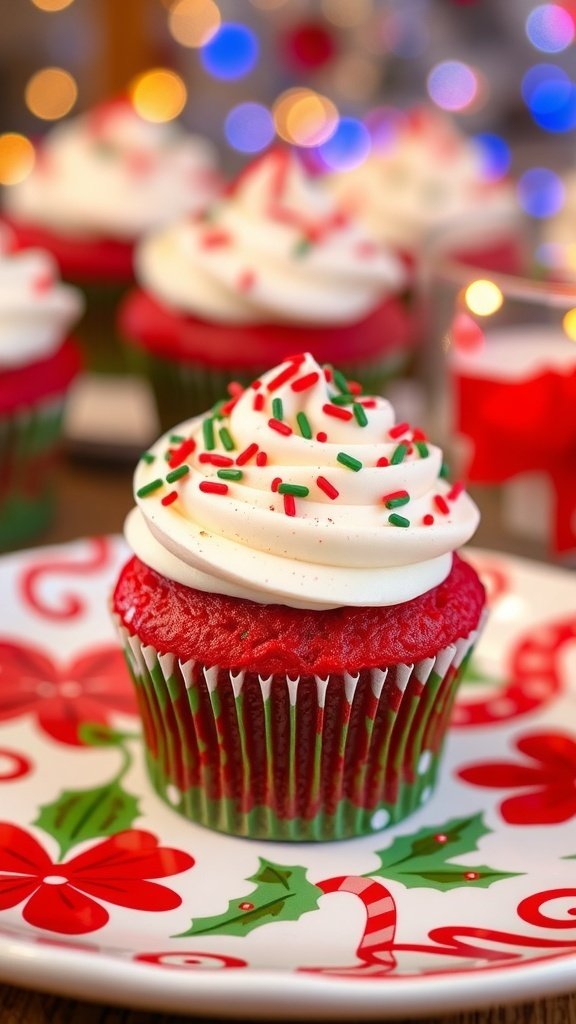 A festive red velvet cupcake topped with cream cheese frosting and holiday sprinkles on a decorative plate.