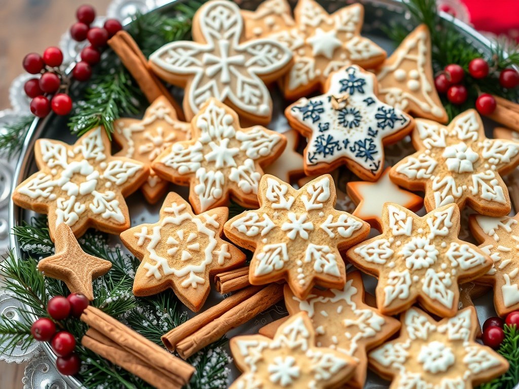 A platter of Swedish Pepparkakor gingerbread cookies decorated for Christmas.