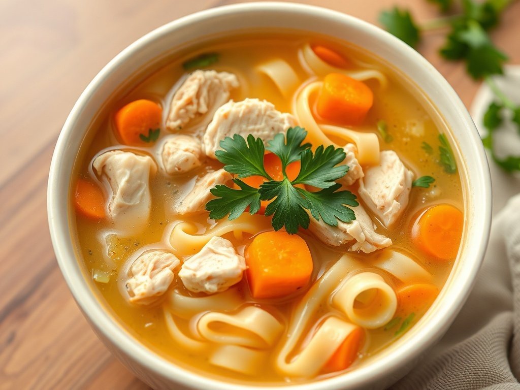 A bowl of classic American chicken noodle soup with chicken, carrots, and noodles