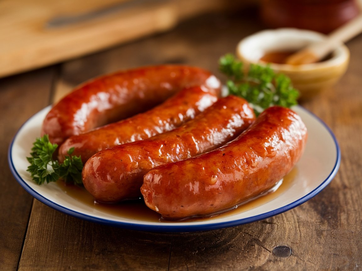 Maple glazed sausages on a rustic plate, garnished with parsley, with a bowl of maple syrup in the background.