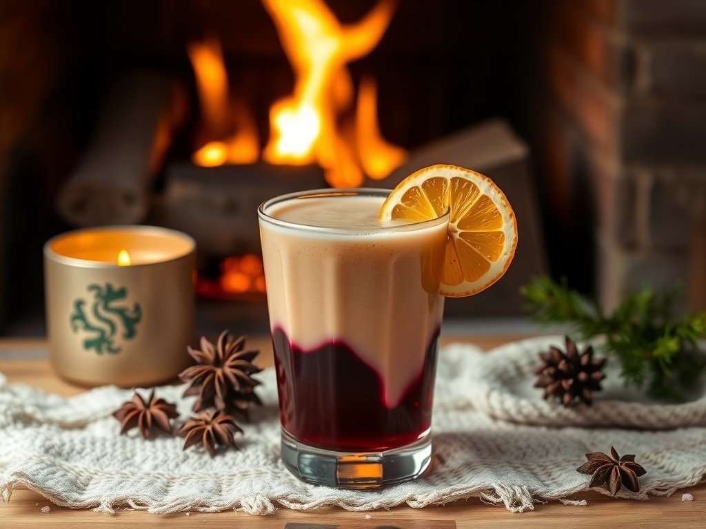 A glass of Mulled Wine Cream Fizz with a slice of lemon and star anise, set by a cozy fireplace.