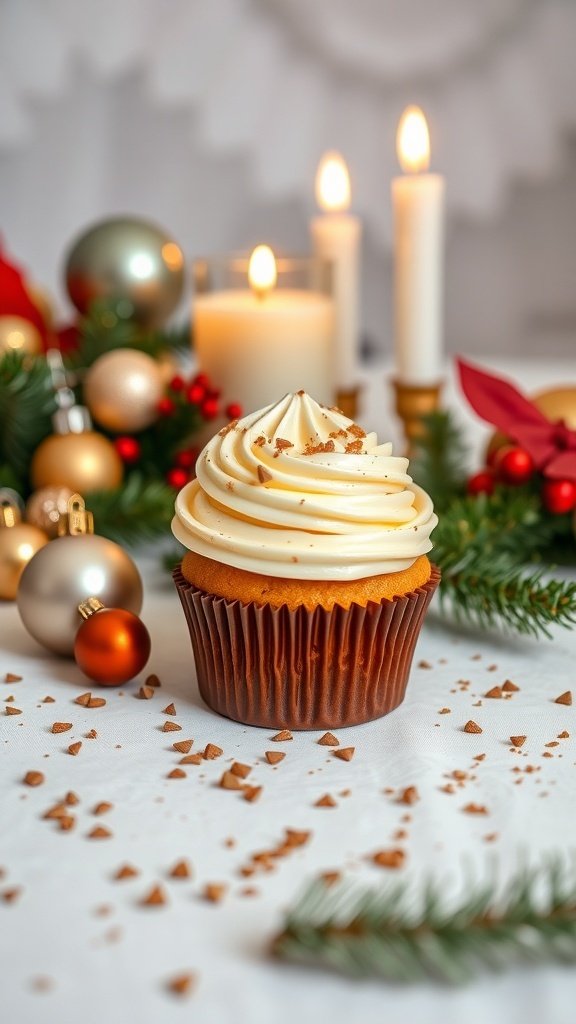 A festive cupcake topped with swirled frosting and nutmeg, surrounded by holiday decorations.