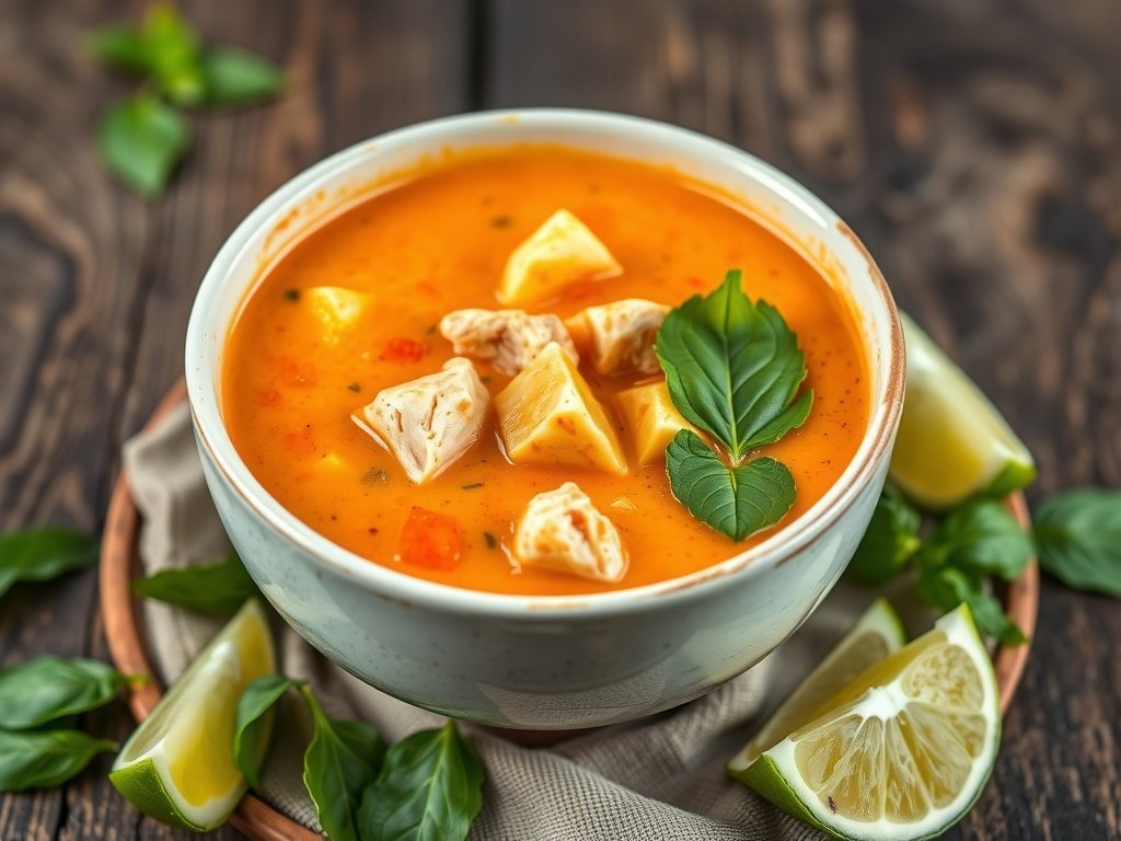 A bowl of Thai Coconut Curry Chicken Soup garnished with basil and lime wedges.