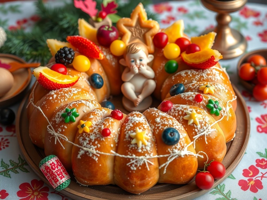 A festive Rosca de Reyes, decorated with colorful fruits and a small figurine, symbolizing Three Kings Day in Mexico.