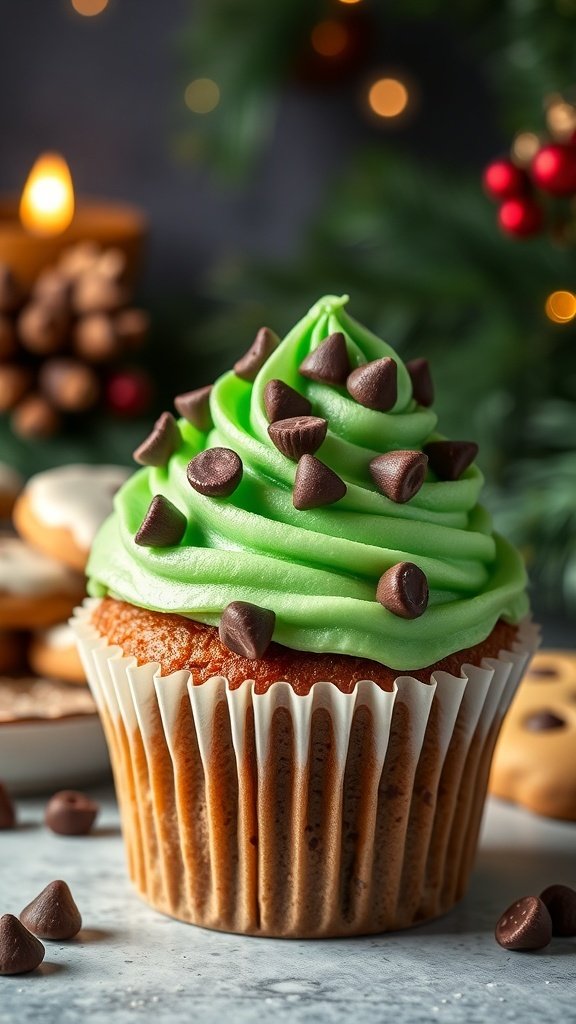 Mint chocolate chip cupcake with green frosting and chocolate chips on top