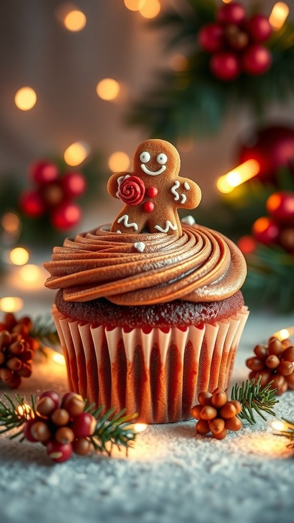 A festive gingerbread cupcake topped with swirls of frosting and a gingerbread cookie, surrounded by holiday decorations.